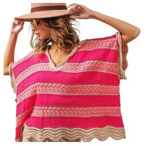 BiBi Womens M Sweater Boho Multi Stripe Knit Short Sleeve Crochet Hooded Top NEW